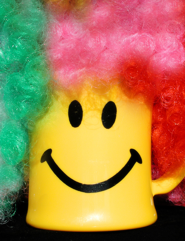 happy face mug with clown wig